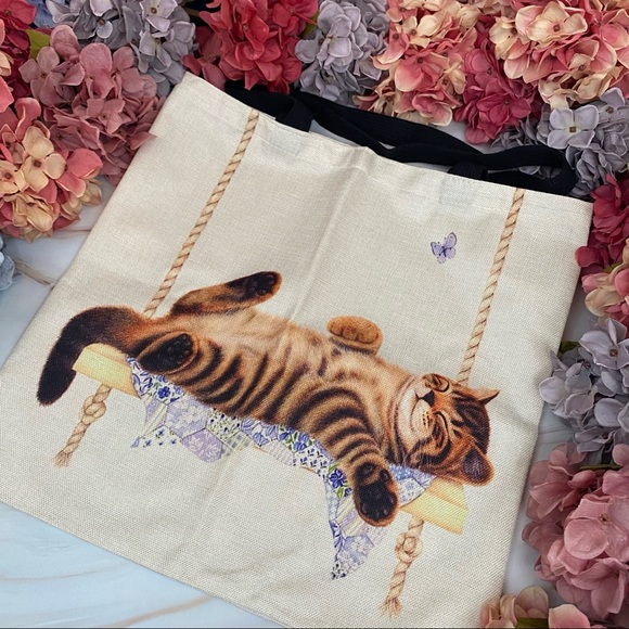 Eco-Friendly Sleeping Kitty Cat Folding Tote Bag - Picture 3 of 12